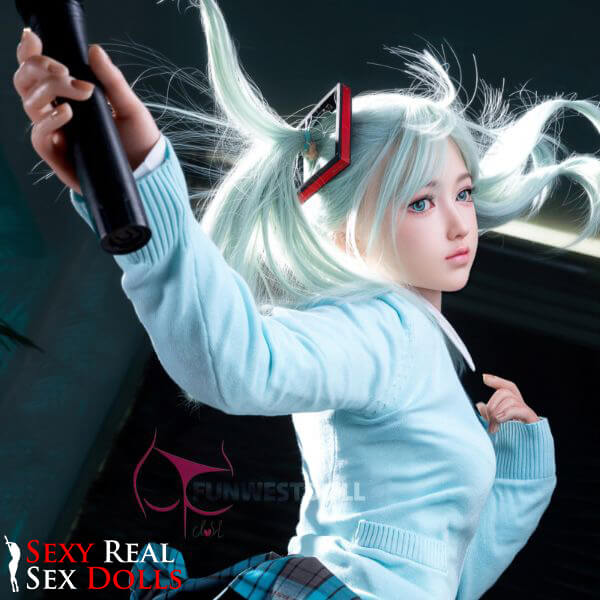 159cm (5ft2') A-Cup Anime Cosplay Silicone Sex Doll - Sky Blue Hair [In Stock USA] - Amy, FunWest Doll, , Sexy Real Sex Dolls